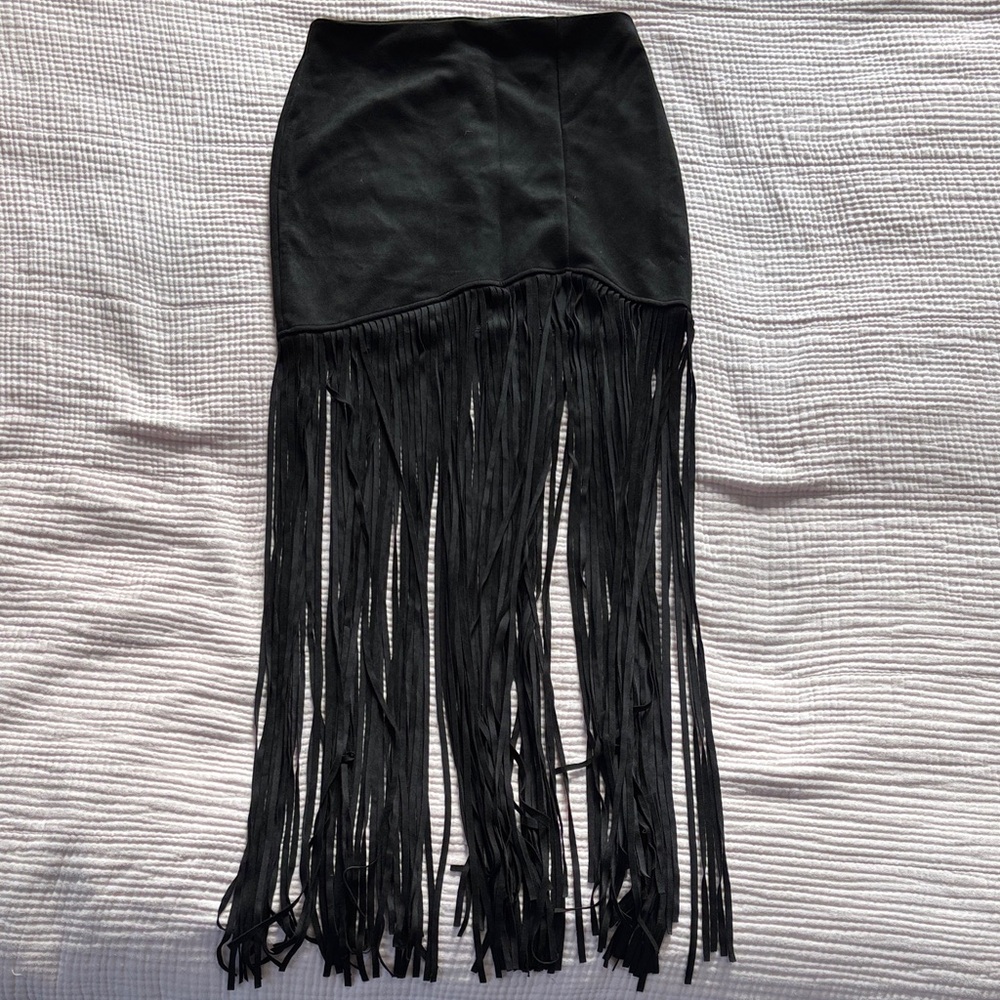 Elegant Black Fringe Velvet Skirt